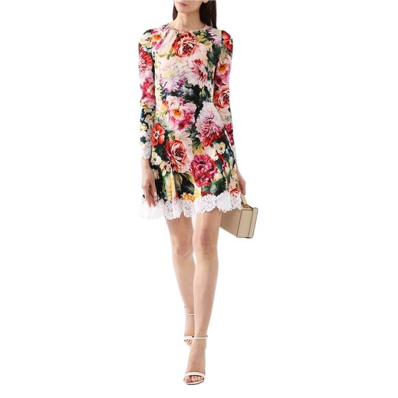 NWT Dolce & Gabbana Lace Trimmed Floral Crepe Mini Dress Multi IT 44 / L - Picture 6 of 11